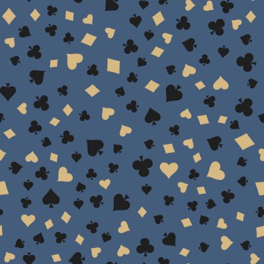 Takım Elbise Kartı İşaretleri Kusursuz Kalıp Arkaplanı. Kupa, Karo, Maça ve Sinek. Duvar kağıtları, ambalajlar, tekstil baskıları, arka planlar için el çizimi karalamalar. Vektör illüstrasyonu.