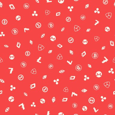 Kripto para biriminin kusursuz deseni. Şifreli para birimi geçmişi. Bitcoin Ethereum klasiği, Dash, Litecoin, Monero, Nem, Ripple, Zcash. Vektör illüstrasyonu.