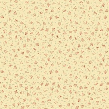 Mutlu yıllar saamless model vektör arka planı. Pastalar, hediye kutuları, balonlar ve parti dekorasyonuyla dolu eğlenceli bir parti geçmişi. Doğum günü partileri, tekstil, afişler, duvar kağıtları için harika..