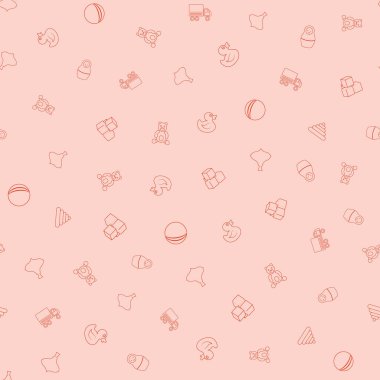 Oyuncaklarla kusursuz el çizimi deseni. Arkaplan, web tasarımı, tasarım ögeleri, tekstil baskıları, kapaklar, tebrik kartları için vektör illüstrasyonu