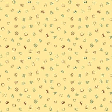 Çocuk oyuncakları serbest çizim çizimleri kusursuz desenler çizer. El çizimi oyuncaklar arka plan tasarımı. Vektör illüstrasyonu.