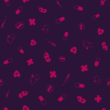 Tıbbi malzemelerle soyut, pürüzsüz desen. Farklı objelerle donatılmış bir arka plan. Karalama biçiminde vektör illüstrasyonu.