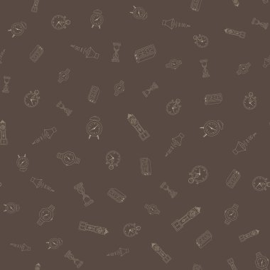 Zaman serbest çizimler seamless modeli. Saatler desen doodle tarzı. Elle çizilmiş öğeleri doodles ambalaj arka plan duvar kağıtları için tasarım. Vektör çizim. Kum saati, saat, kronometre.