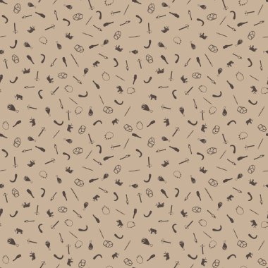 Taş devri temalı serbest çizimler Seamless modeli. El taş devri öğeleri arka plan çekilmiş. Taş, et, mızrak, sopa, meşale, balta, mamut, Tusk kolye