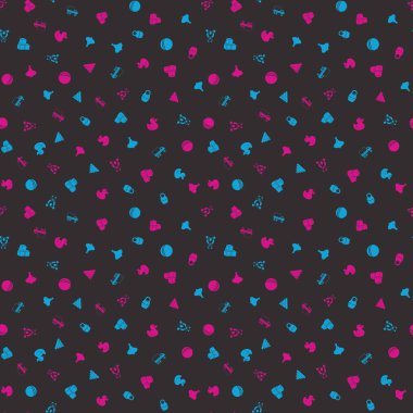 Oyuncaklarla kusursuz el çizimi deseni. Arkaplan, web tasarımı, tasarım ögeleri, tekstil baskıları, kapaklar, tebrik kartları için vektör illüstrasyonu