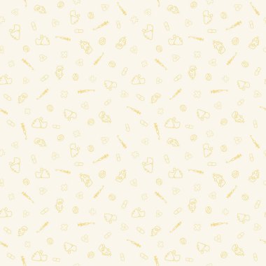 Tıbbi malzemelerle soyut, pürüzsüz desen. Farklı objelerle donatılmış bir arka plan. Karalama biçiminde vektör illüstrasyonu.