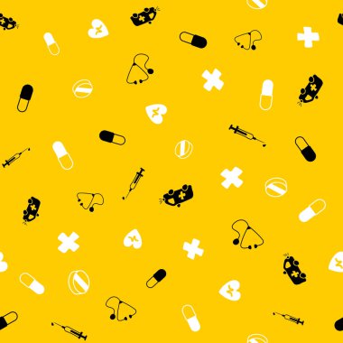 Tıbbi malzemelerle soyut, pürüzsüz desen. Farklı objelerle donatılmış bir arka plan. Karalama biçiminde vektör illüstrasyonu.