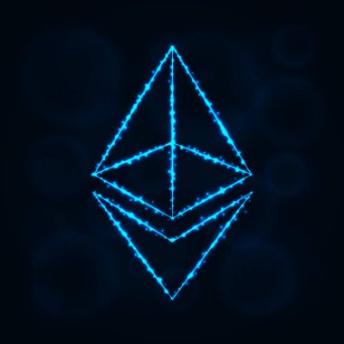 Ethereum vektör simgesi. Web sitesi tasarımı, internet, grafik arayüzü, iş Ethereum simgesi. Ethereum illüstrasyon, koyu arka plan üzerinde ışıklar siluet. Ethereum parlak çizgiler ve Puan.