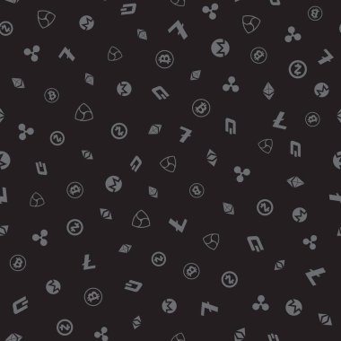 Cryptocurrency seamless pattern. Crypto currency background. Bitcoin Ethereum Ethereum classic, Dash, Litecoin, Monero, Nem Ripple Zcash. Vector illustration.