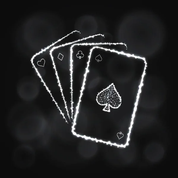 Spelkortsikonen Fyra Spelkort Kasino Symbol Ljus Siluett Design Mörk Bakgrund — Stock vektor
