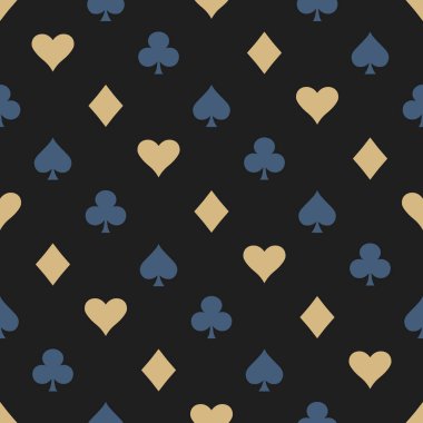 Takım Elbise Kartı İşaretleri Kusursuz Kalıp Arkaplanı. Kupa, Karo, Maça ve Sinek. Duvar kağıtları, ambalajlar, tekstil baskıları, arka planlar için el çizimi karalamalar. Vektör illüstrasyonu.