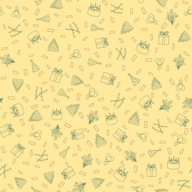 Mutlu yıllar el yazması çizimler kusursuz. El çizimi doğum günü elemanları vektör arka planı. Balon, pasta, hediye, havai fişekler.