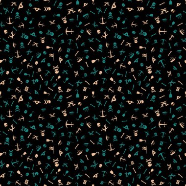 Kurukafa, çapraz kemikler, korsan bayrağı, kılıçlar ve diğer deniz sembolleriyle soyut şekilli vektör. El çizimleri, mürekkep lekeleri ve lekeleri olan klasik bir arkaplan.