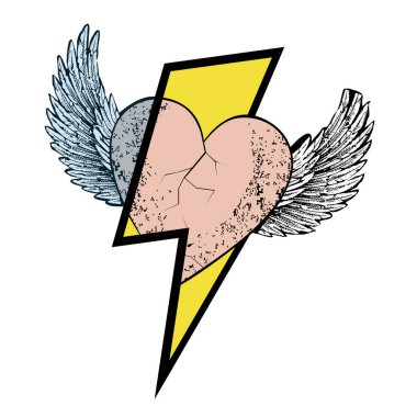 Thunderbolt sembolü tişört tasarımı, beyaz kanatlı bir kalple izole edilmiş. 