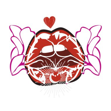 design for t-shirt of a sensual red mouth with linear flowers on a white background. clipart