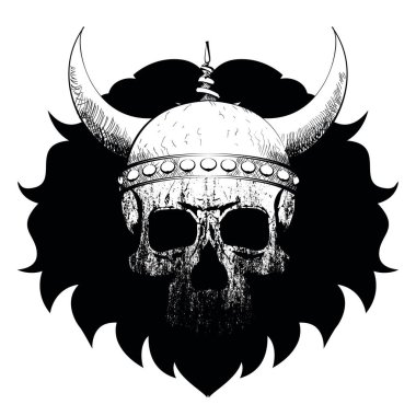 Siyah arka planda Viking miğferi olan insan kafatası tişörtü için vektör illüstrasyonu