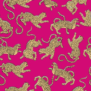 Pembe arka planda sarı leoparlar olan kusursuz bir desen. Tekstil endüstrisi için vektör tasarımı.