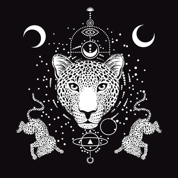 Diseño Para Camiseta Con Leopardos Elementos Geométricos Aislados Negro — Archivo Imágenes Vectoriales