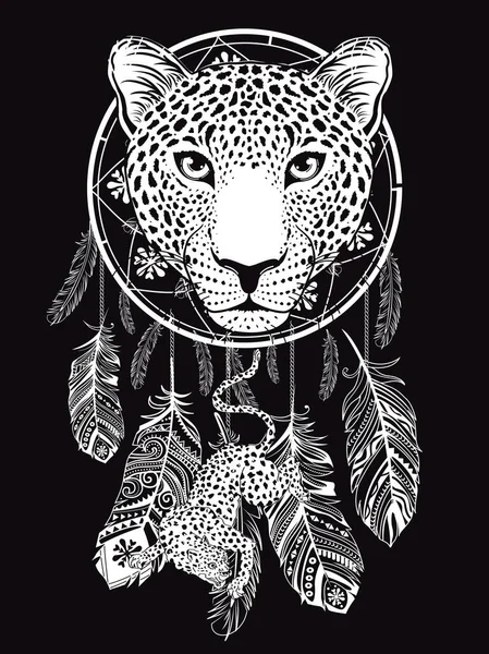 ヒョウの頭と黒に隔離された夢のキャッチャーのTシャツのデザイン — ストックベクタ