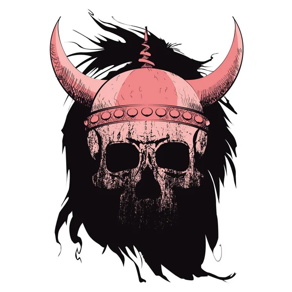 黒の背景にバイキングヘルメットと人間の頭蓋骨のTシャツのためのベクトルイラスト — ストックベクタ
