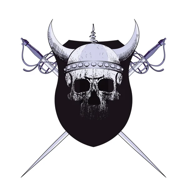 Shirt Design Escudo Com Espadas Crânio Viking Ilustração Vetorial Para —  Vetores de Stock