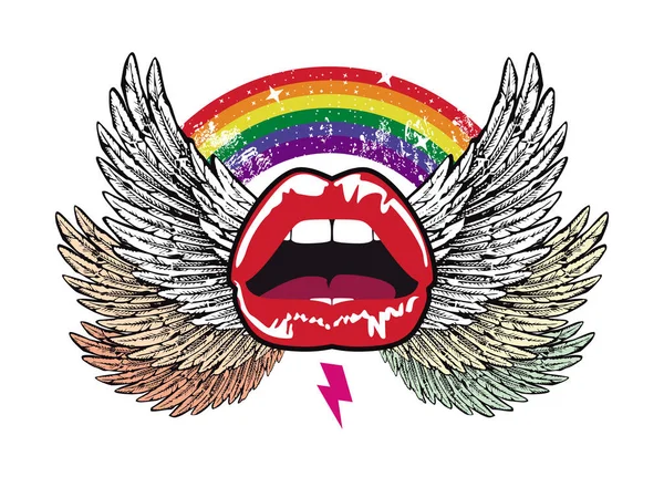背景には羽や虹が描かれたリップのTシャツデザイン ゲイの誇りの日のためのベクトルイラスト — ストックベクタ