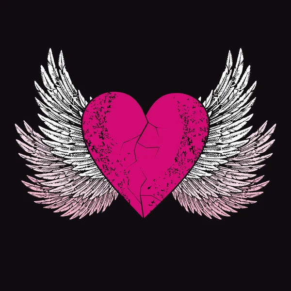 Vektorový Design Trička Růžového Srdce Křídly Izolovanými Černé Ilustrace Zlomeného Vektorová Grafika