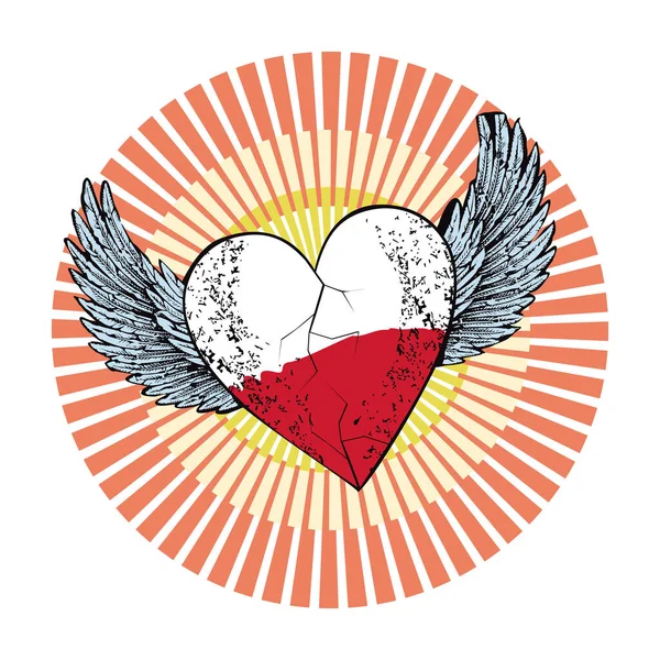 Tričko Design Okřídleného Srdce Červenými Bílými Barvami Srdce Barvami Vlajky — Stockový vektor