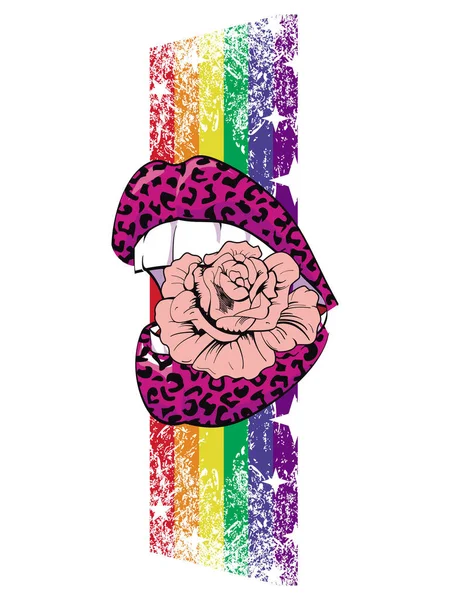 stock vector sexy lips t-shirt design with a vertical rainbow behind.Vector illustration for gay pride day.