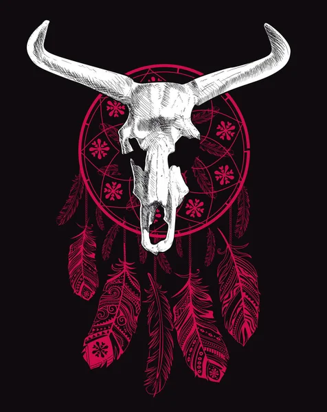 Design Trička Kostry Zvířete Rohy Lapači Snů Izolovaném Černém Vyhynulé Royalty Free Stock Ilustrace