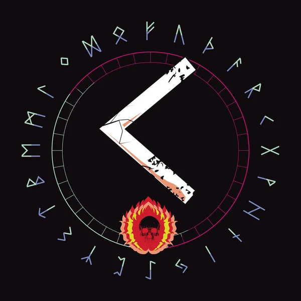 设计了一件紧邻燃烧骷髅的逻辑字母Kenaz的T恤 海报的逻辑字母表 — 图库矢量图片