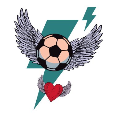Gök gürültüsü sembolünün üzerinde kanatları olan bir futbol topunun tişört tasarımı. Futbol severler için kanatlı kırmızı kalp vektör illüstrasyonu.