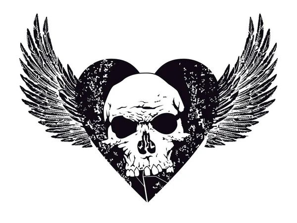 Shirt Design Black Winged Heart Skull Vector Illustration Ideal Heavy — Stock Vector