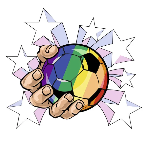 Дизайн Футболок Руки Тримає Футбольний Оточенні Веселковими Кольорами Гей Гордість — стоковий вектор
