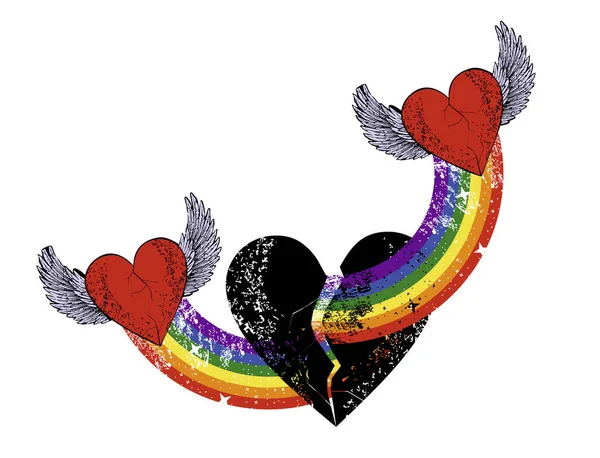 2つの赤い翼の心と虹と大きな黒い心のTシャツのデザイン ゲイのプライドの日のベクトルイラスト — ストックベクタ