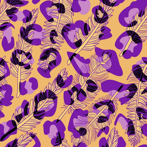 花纹天衣无缝的豹纹和羽毛 纺织品工业用橙色和紫色的矢量图解 — 图库矢量图片