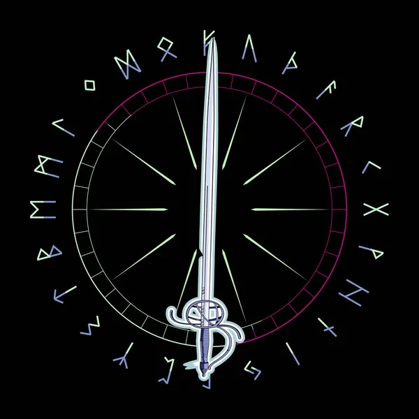 Diseño Camiseta Una Espada Medieval Rodeada Por Alfabeto Rúnica — Archivo Imágenes Vectoriales