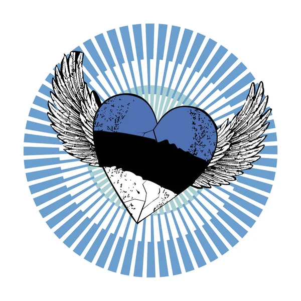 エストニア国旗の色に翼のあるハートをあしらったTシャツデザイン エストニアの愛国心に関するベクトル図 — ストックベクタ
