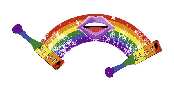 stock vector T-shirt illustration of a rainbow with lips and a spanking paddle. bondage vector illustration.