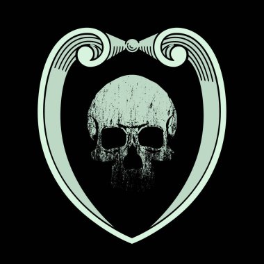 Koyu bir aynaya yansıyan bir kafatası tişörtü tasarımı. Çocuk hikayelerindeki kötü karakterlere eşlik etmek için vektör illüstrasyonu.