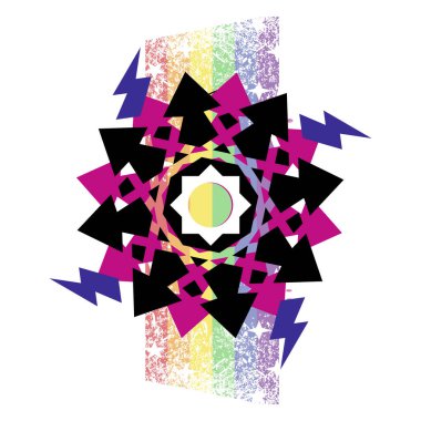 Gök gürültüsü sembolü ve beyaz üzerine izole edilmiş gökkuşağı olan soyut geometrik şekilli bir tişört tasarla.