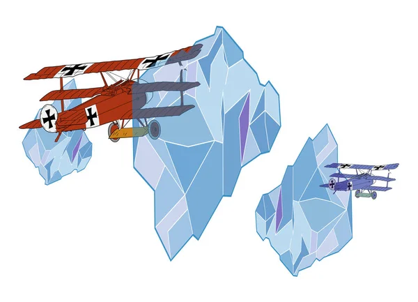 浮遊氷の間を飛行する2つのヴィンテージ飛行機のベクトルイラスト 第一次世界大戦のデザインTシャツをテーマに — ストックベクタ