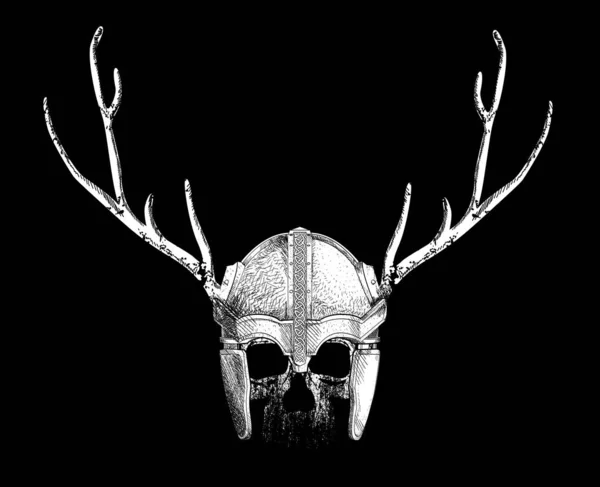Shirt Crâne Viking Design Avec Cornes Wapiti Isolé Sur Noir — Image vectorielle