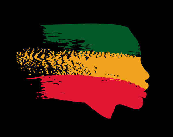 T-shirt design of an Afro-descendant woman's face in profile with the colors green, orange and green isolated on black. Vector illustration for black history month.