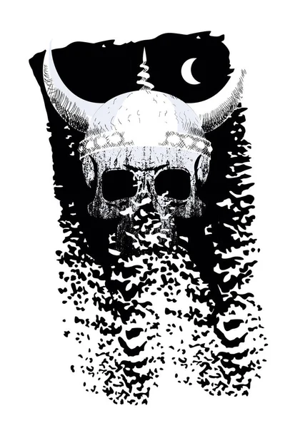 Projekt Koszulki Czaszką Wikinga Czarnym Tle Ilustracja Wektora Średniowiecznych Wojownikach — Wektor stockowy