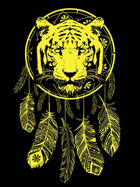 Shirt Design Une Tête Tigre Avec Attrape Rêves Isolé Sur — Image vectorielle