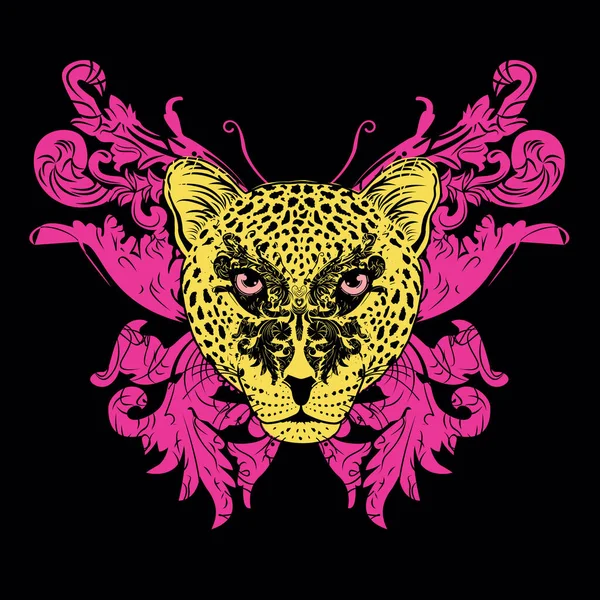 レオパードフェイスと黒の背景にTシャツ用のピンクバタフライデザイン — ストックベクタ