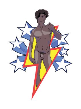 Yıldızlarla çevrili yıldırımın sembolü olan genç çıplak bir siyah adamın tişört tasarımı. Siyah geçmiş ayı hakkında vektör illüstrasyonu.