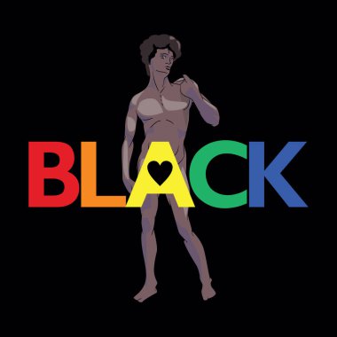 Sade. Üzerinde renkli harfler olan çıplak siyah tişört tasarımı. Floransa, İtalya 'dan David' in heykeli Michelangelo tarafından yapıldı. Siyah geçmiş ayı hakkında vektör illüstrasyonu.