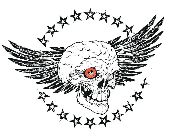 Дизайн Футболки Черепа Крыльями Окружении Звезд Векторная Иллюстрация Сатанинских Татуировок — стоковый вектор